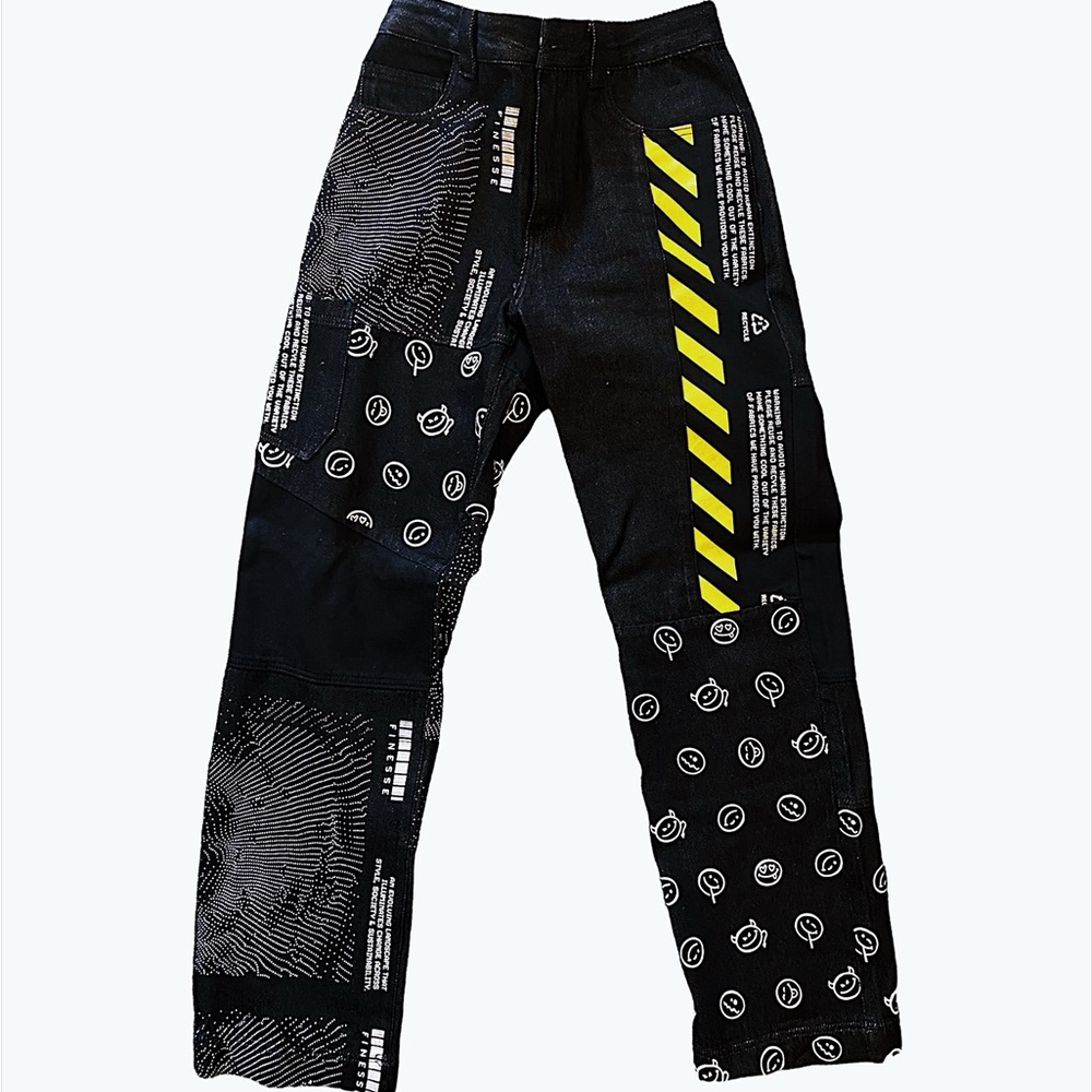 Black with yellow and white print